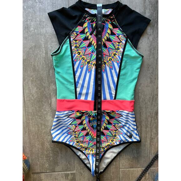 $128 BODY GLOVE Look At Me Stand Up Surf Suit Swimsuit Neon One Piece Zip L - Picture 8 of 9